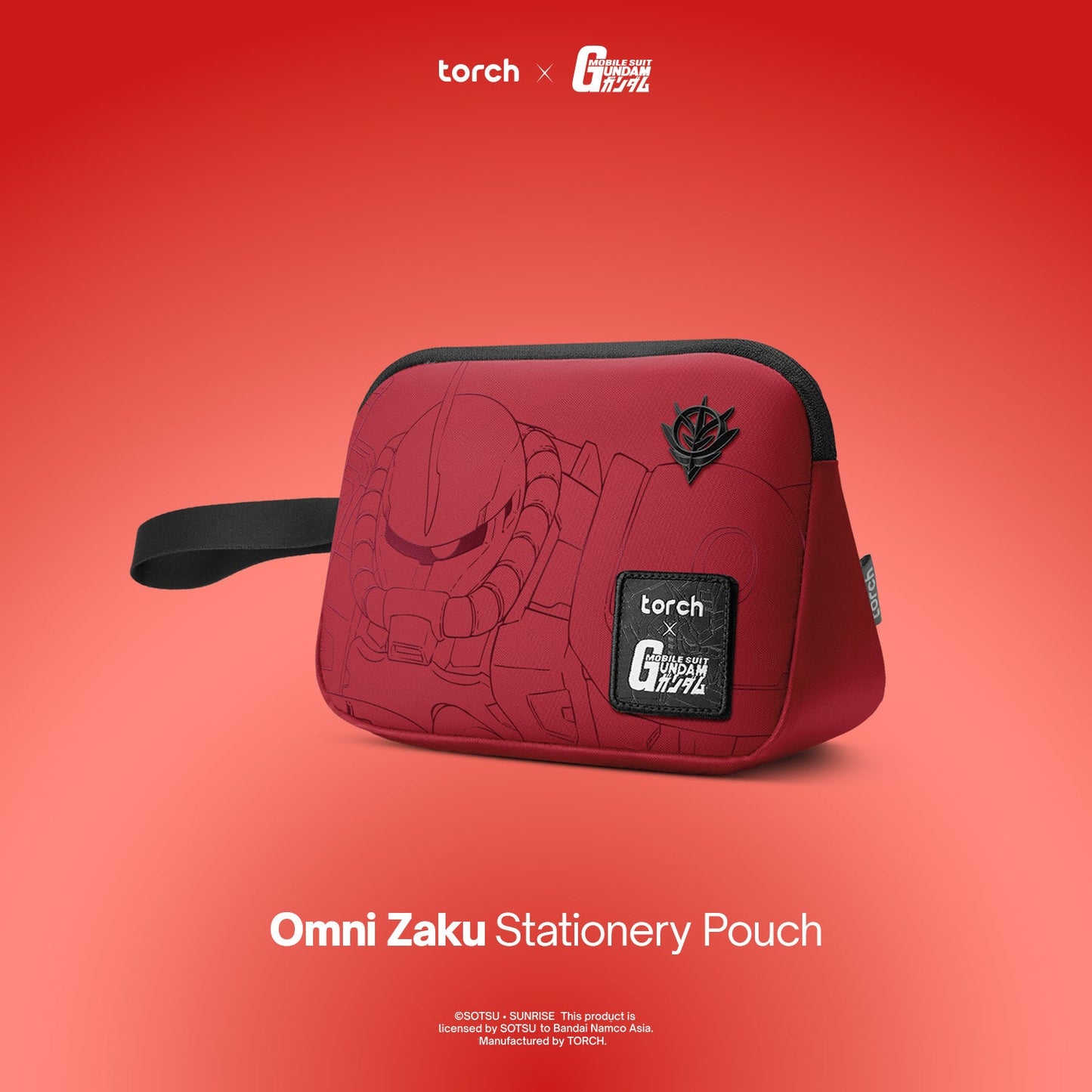 Red Omni Zaku Stationery Pouch with branding on a red background