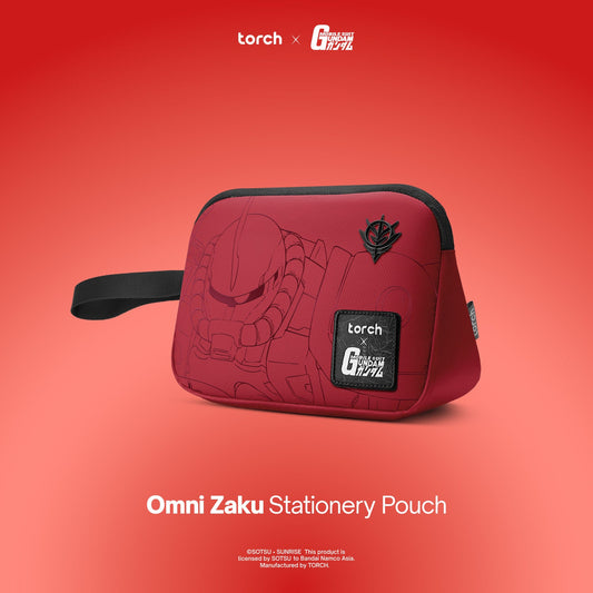 Red Omni Zaku Stationery Pouch with branding on a red background